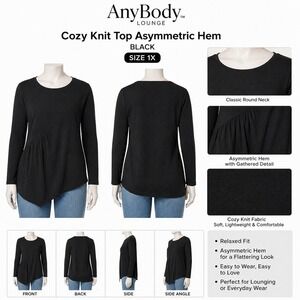 AnyBody Lounge Cozy Knit Asymmetric Hem Top Black Long Sleeve Plus Size 1X A6333